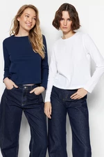Trendyol námořnická modrá-bílá 100% bavlněná sada dvou základních pletených triček s kulatým výstřihem