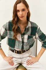 Olalook Women's Emerald Green Ecru Single Pocket Plaid Lumberjack Shirt