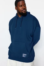 Trendyol Indigo Men's Plus Size Basic Comfortable Hoodie with Labeled Fleece Internal Cotton Sweatshirt.