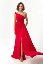 Lafaba Women's Red One-Shoulder Long Evening Dress with Stones.