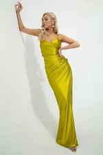 Lafaba Women's Pistachio Green Backless Long Evening Dress with a Slit