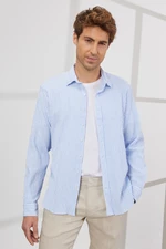 ALTINYILDIZ CLASSICS Men's White-blue Slim Fit Slim Fit Hidden Button Collar Cotton Striped Shirt