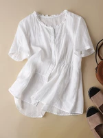 Solid Short Sleeve Button Front Crew Neck Loose Blouse
