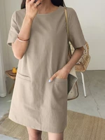 Solid Pocket Short Sleeve Casual Midi Dress