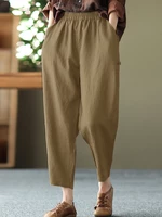 Solid Pocket Elastic Waist Casual Cotton Pants