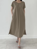 Cotton Solid Split Pocket Short Sleeve Casual Midi Dress