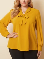 Plus Size Women Pure Color Pussybow OL Casual Long Sleeve Blouses