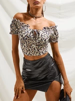 Women Summer Leopard Print Off Shoulder Ruffle Short Blouse