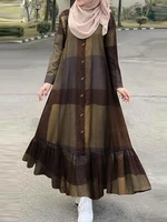 Women Cotton Grid Printed Ruffles Hem Button Down Front Leisure Long Sleeve Maxi Dress