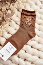 Brown patterned women's socks with teddy bear