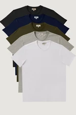 AC&Co / Altınyıldız Classics Men's White-dark blue-black-khaki-gray Melange Slim Fit Crew Neck 100% Cotton 5-Piece T-Shirt Pack