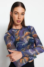 Trendyol Multi Color Printed Tulle Fitted Crop Stretch Knit Blouse