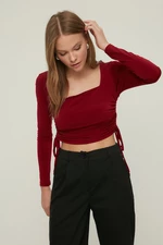 Trendyol Claret Red Square Collar Shirring Detail Fitted/Slippery Knitted Blouse with Crop