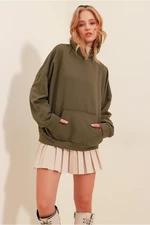 Trend Alaçatı Stili Women's Khaki Hoodie with Kangaroo Pocket 3 Thread Thickness Sweatshirt
