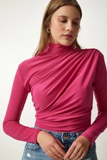 Happiness İstanbul Women's Pink Gathered Detailed High Neck Sandy Blouse