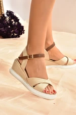 Fox Shoes Women's Beige Linen Wedge Heeled Shoes