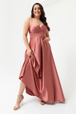 Lafaba Women's Salmon Plus Size Satin Long Evening Dress & Prom Dress with Thread Straps