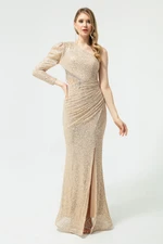 Lafaba Women's Beige One Sleeve Long Evening Dress with Sequins And Stones.