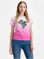 Růžové dámské tričko Guess Palms - Dámské
