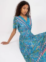 Blue midi paisley dress with swaddling neckline