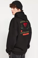 Trendyol Men's Black Oversize Hoodie with Floral Print and Embroidery Soft Pillow Sweatshirt.