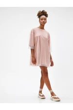 Koton Oversized T-Shirt Long See-through Tulle Detailed Short Sleeves