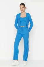 Trendyol Blue Ribbed Blouse Cardigan Trousers Knitwear Two Piece Set
