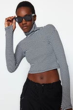 Trendyol Black and White Striped Fitted Turtleneck Finger Detail Ribbed Flexible Knitted Blouse