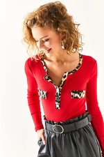 Olalook Women's Red Lycra Cotton Blouse with Snap fastener Leopard Garnish