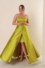 By Saygı Pistachio Green Plus Size Long Satin Dress with Thread Straps and a Slit in the Front