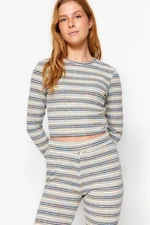 Trendyol Multi-Colored Striped Corded Cotton T-shirt-Pants Knitted Pajama Set