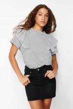 Trendyol Black Ruffled Sleeves Regular/Normal Fit Striped Crew Neck Knitted T-Shirt