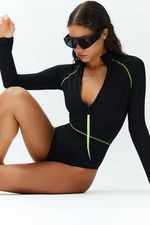 Trendyol Black Zip Long Sleeve Regular Surfing Swimsuit