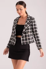 armonika Women's Black and White Double Breasted Collar Tweed Crop Jacket