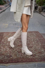 Madamra Beige Women's Knee-Length Heeled Boots