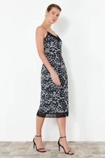 Trendyol Black Tulle Printed Lace Detailed Fitted Flexible Knitted Maxi Pencil Dress