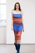 Trendyol Limited Edition Brown Printed Midi Strap Stretchy Knitted Pencil Dress