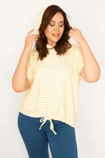 Şans Women's Large Size Yellow Hooded Striped Sweatshirt