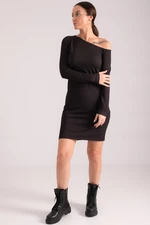 armonika Women's Black Fitted Asymmetric Collar Open Shoulder Mini Dress