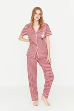 Trendyol Pink Cotton Striped Animal Printed Shirt-Pants Knitted Pajama Set