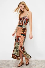 Trendyol Multi-Color Printed Strappy Wrapped/Textured Knitted Midi Dress