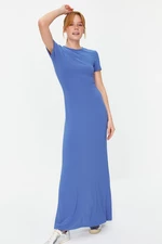 Trendyol modré šaty s krátkým rukávem, přiléhavé, s kulatým výstřihem, elastické, pletené, maxi délky a tužkovým střihem.