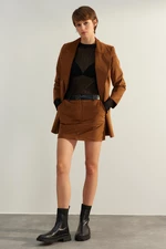 Trendyol Dark Brown Premium High Quality Belt Faux Leather Velvet Mini Woven Skirt