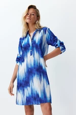 Trendyol Abstract Patterned Belted Midi 100% Cotton Beach Dress with Woven Ribbon Accessories