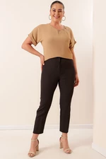 By Saygı Large Size Lycra Plus Size Trousers Black with Elastic Waist and Pocket.