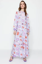 Trendyol lila květinové vzorované tkané šaty s volánky na rameni