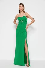 Trendyol Smaragdově zelené lemované pletené doplňky Dlouhé večerní šaty