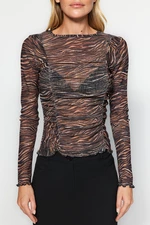 Trendyol Brown Animal Patterned Special Textured Slim Crew Neck Blouse