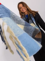 Dark blue and beige winter scarf with fringe
