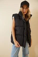 Happiness İstanbul Women's Black Oversize Inflatable Vest with Pocket